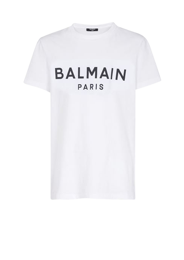 Eco-designed cotton T-shirt with flocked Balmain logo