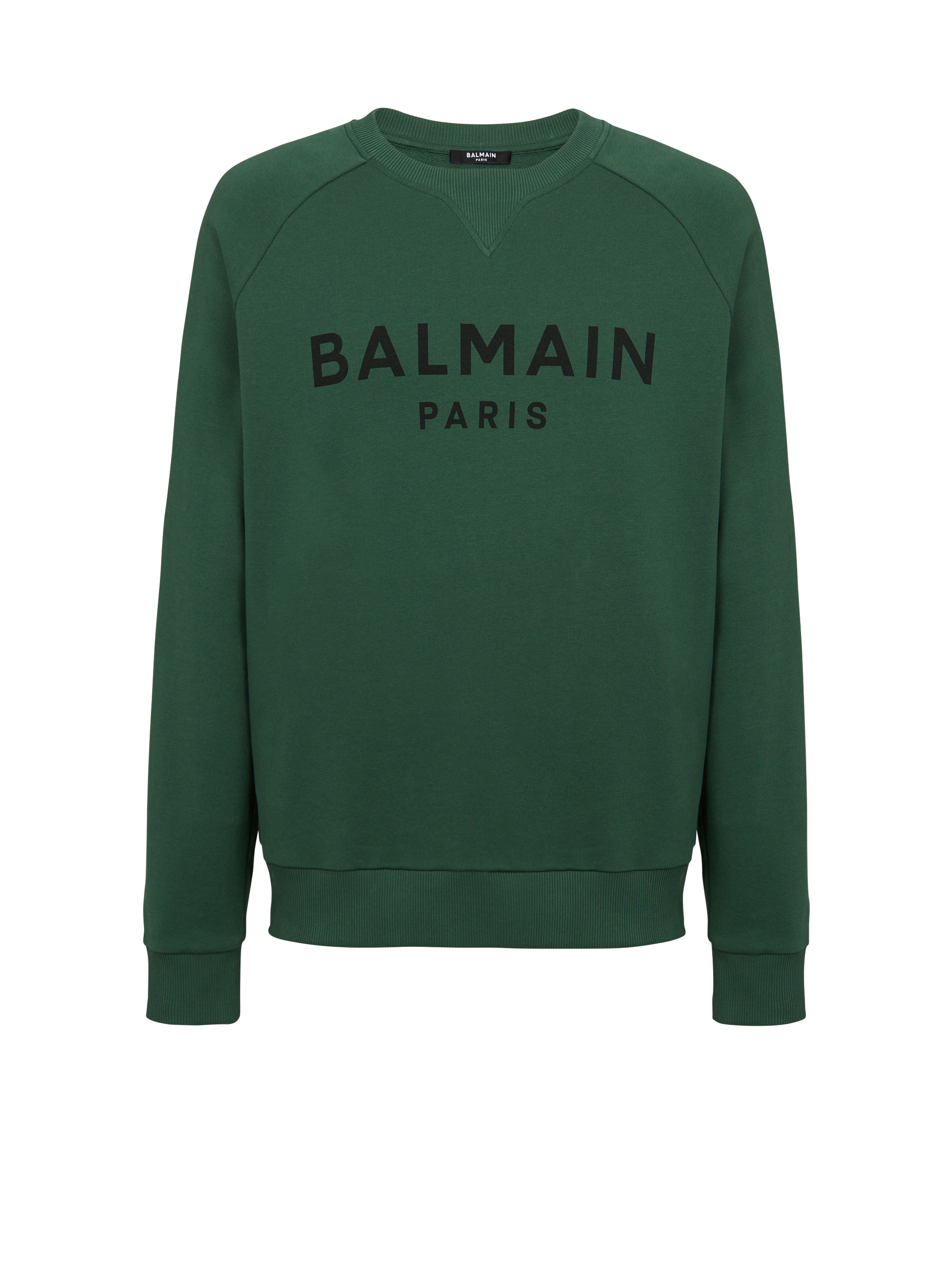 Eco-designed cotton sweatshirt with Balmain Paris metallic logo print, green