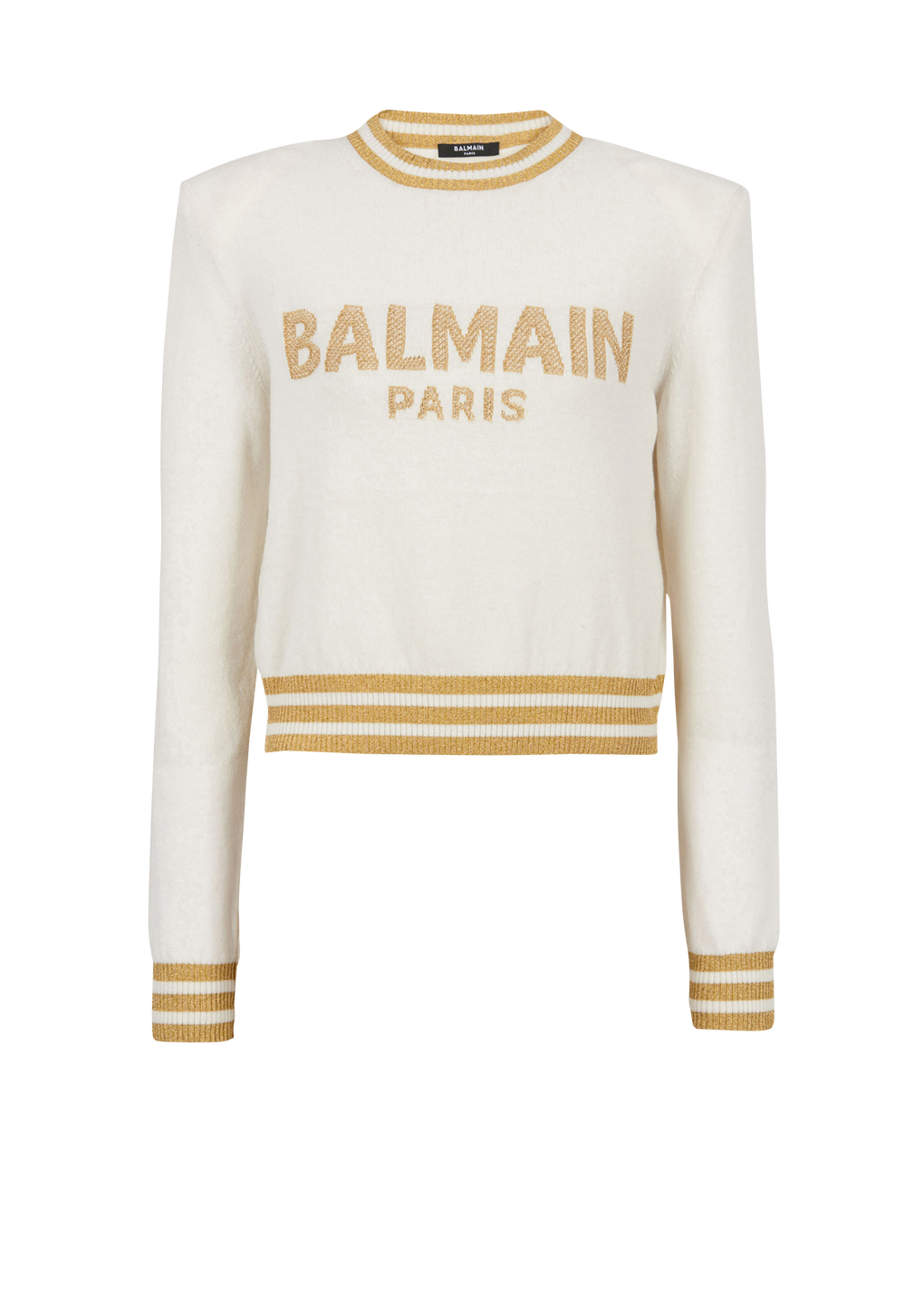 Cropped wool sweatshirt with gold Balmain logo, beige, hi-res