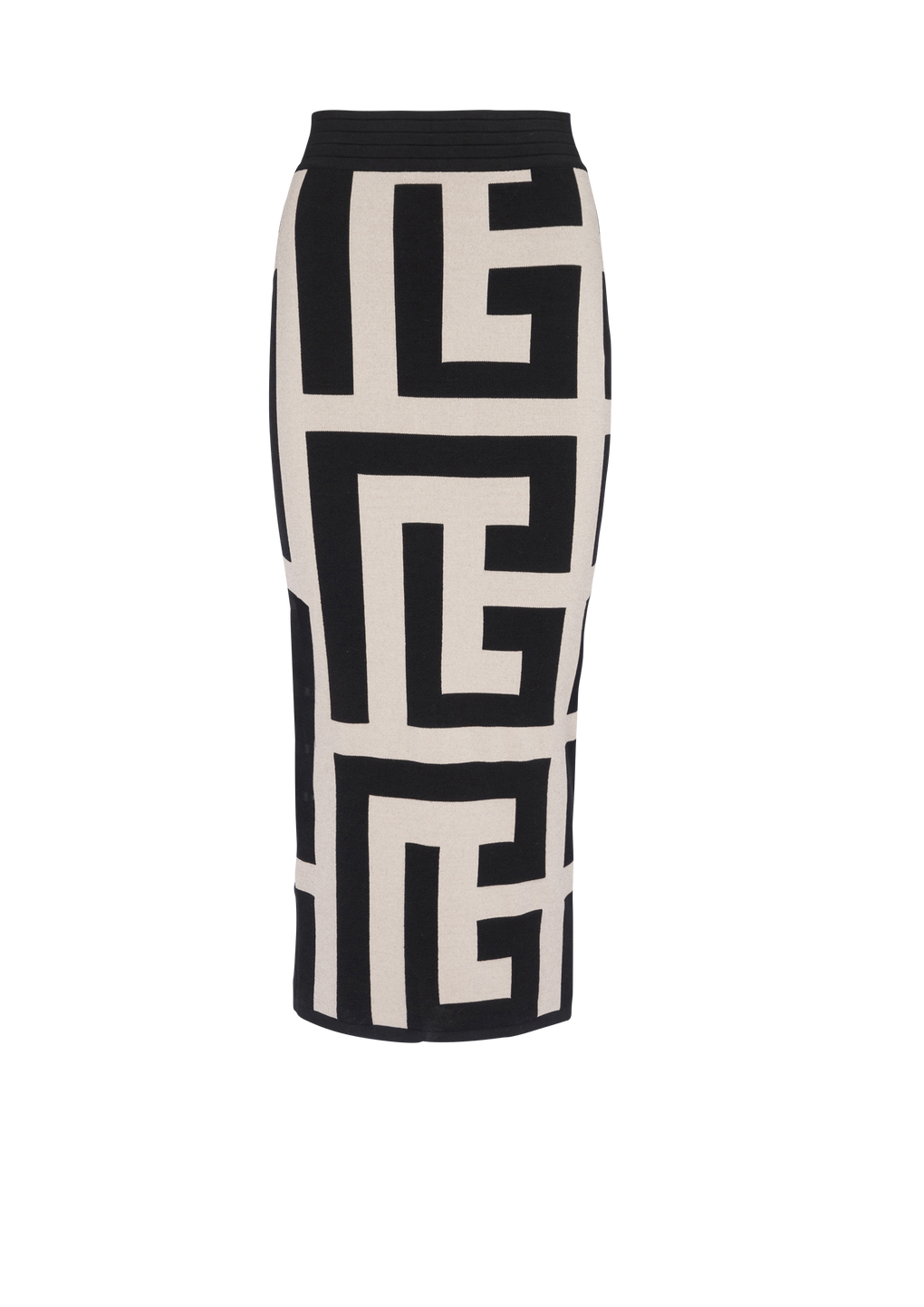 Mid-length knit skirt with maxi Balmain monogram print, black, hi-res