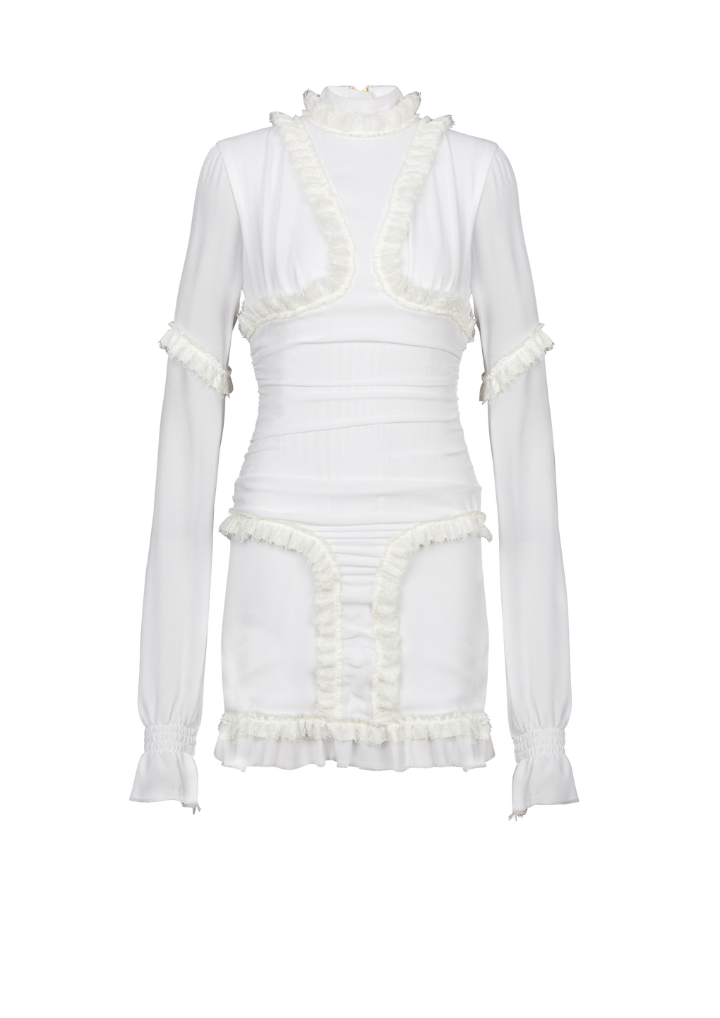 Draped short silk dress with ruffles, white, hi-res