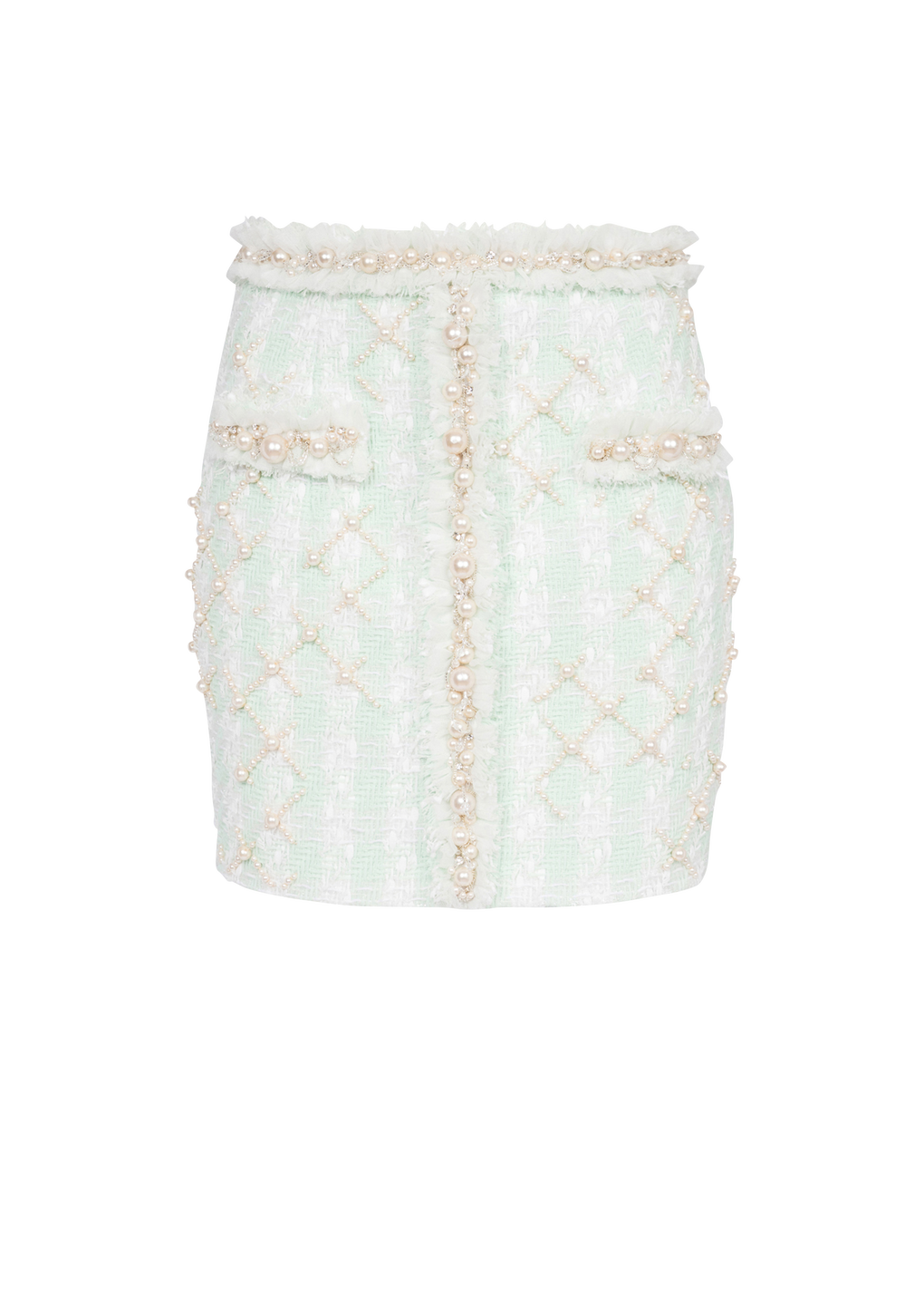 Short tweed skirt with embroidery, green, hi-res