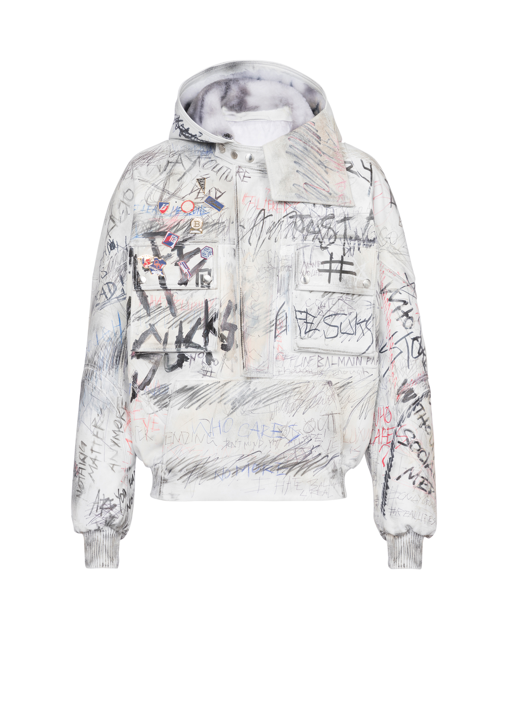 Leather graffiti aviator jacket, white, hi-res