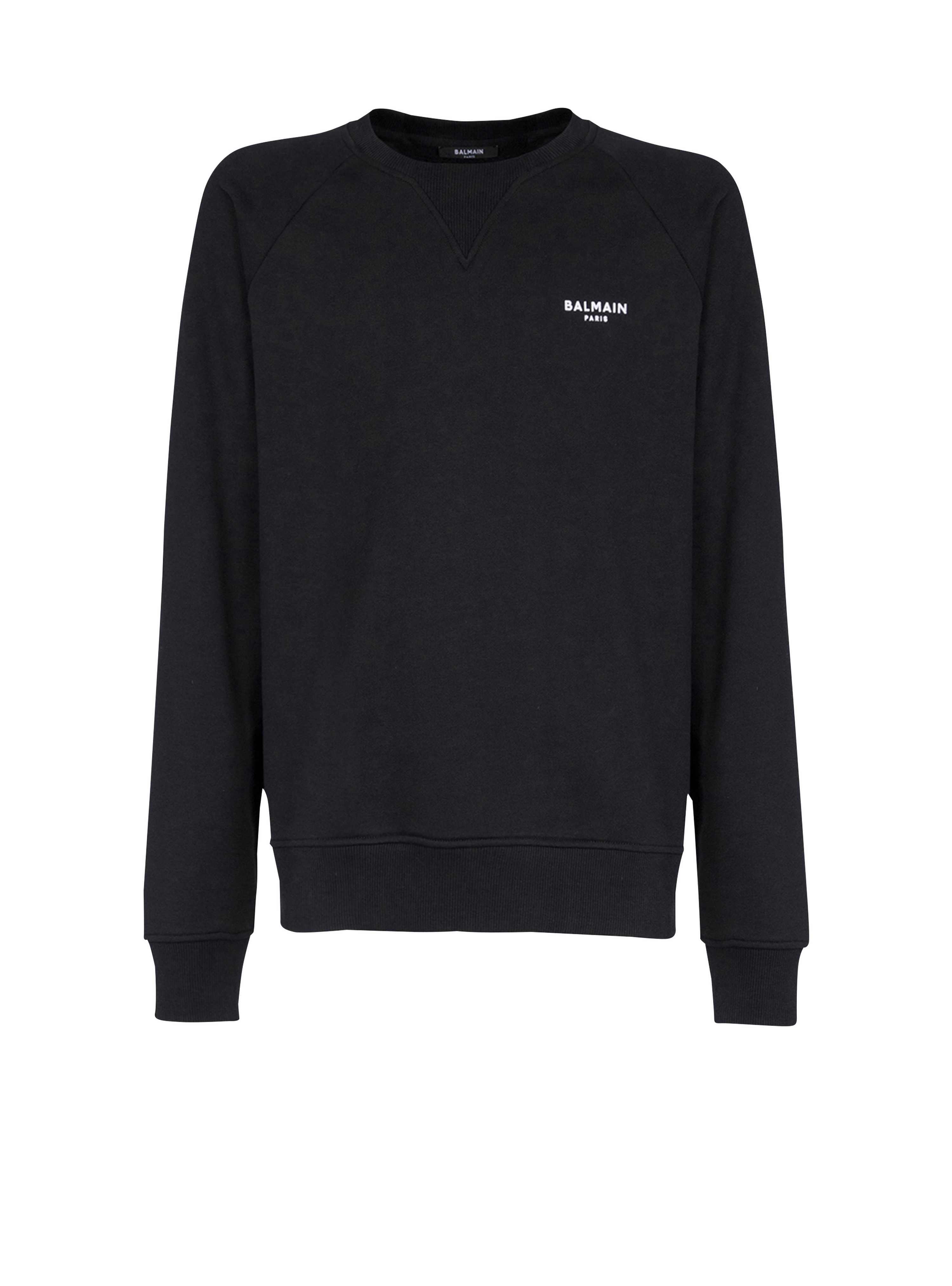 Eco-designed cotton sweatshirt with small flocked Balmain Paris logo, black