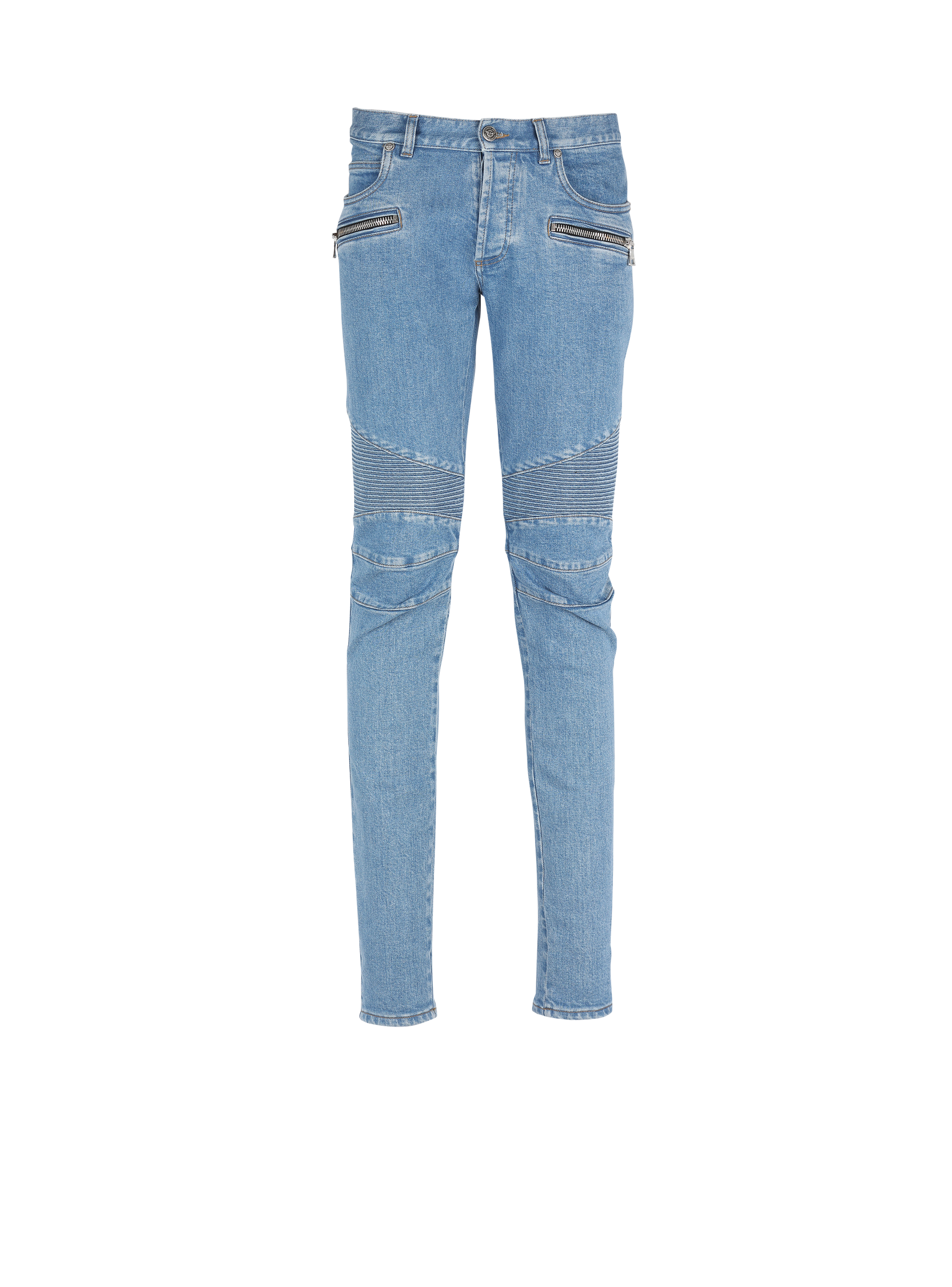 Slim cut ridged cotton jeans with Balmain monogram hem, blue