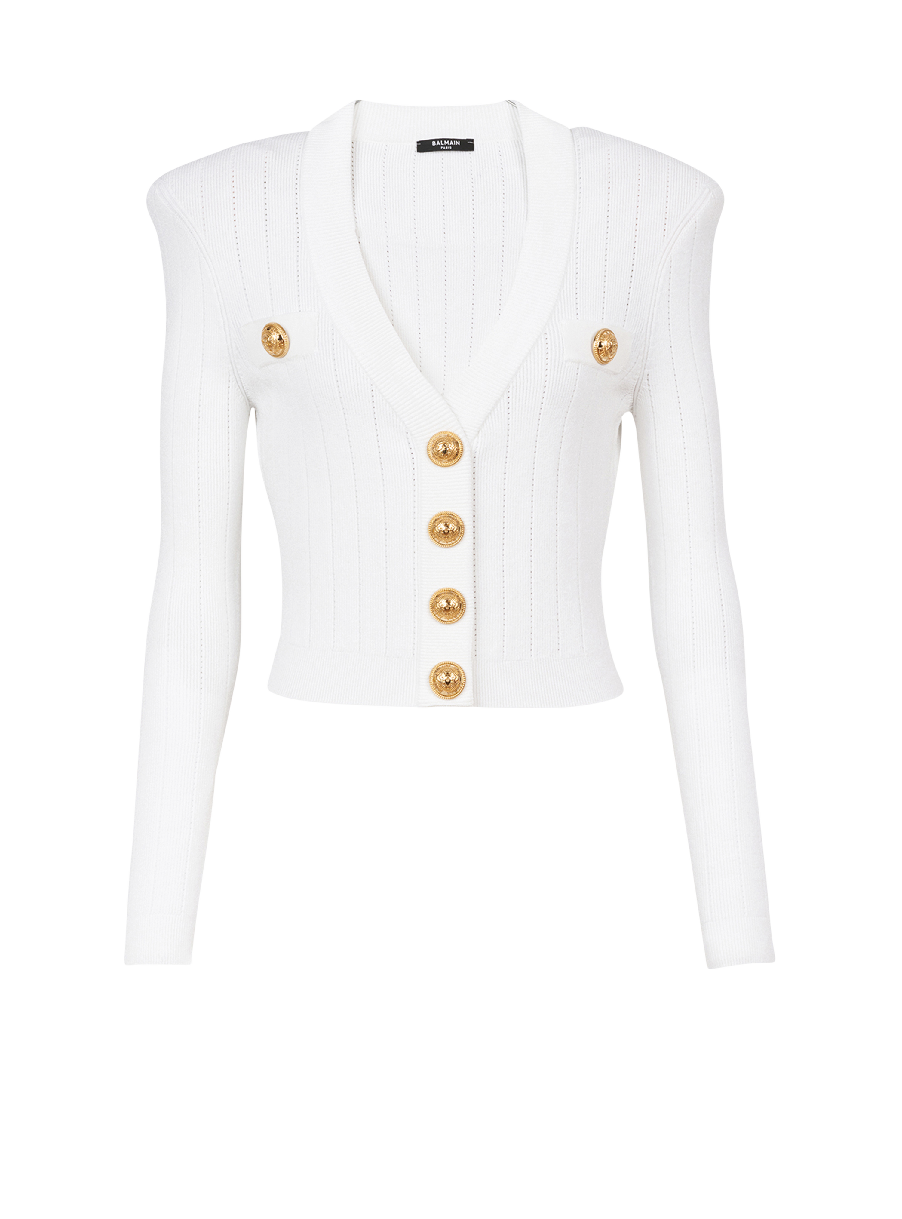 Cropped eco-designed knit cardigan with gold-tone buttons, white