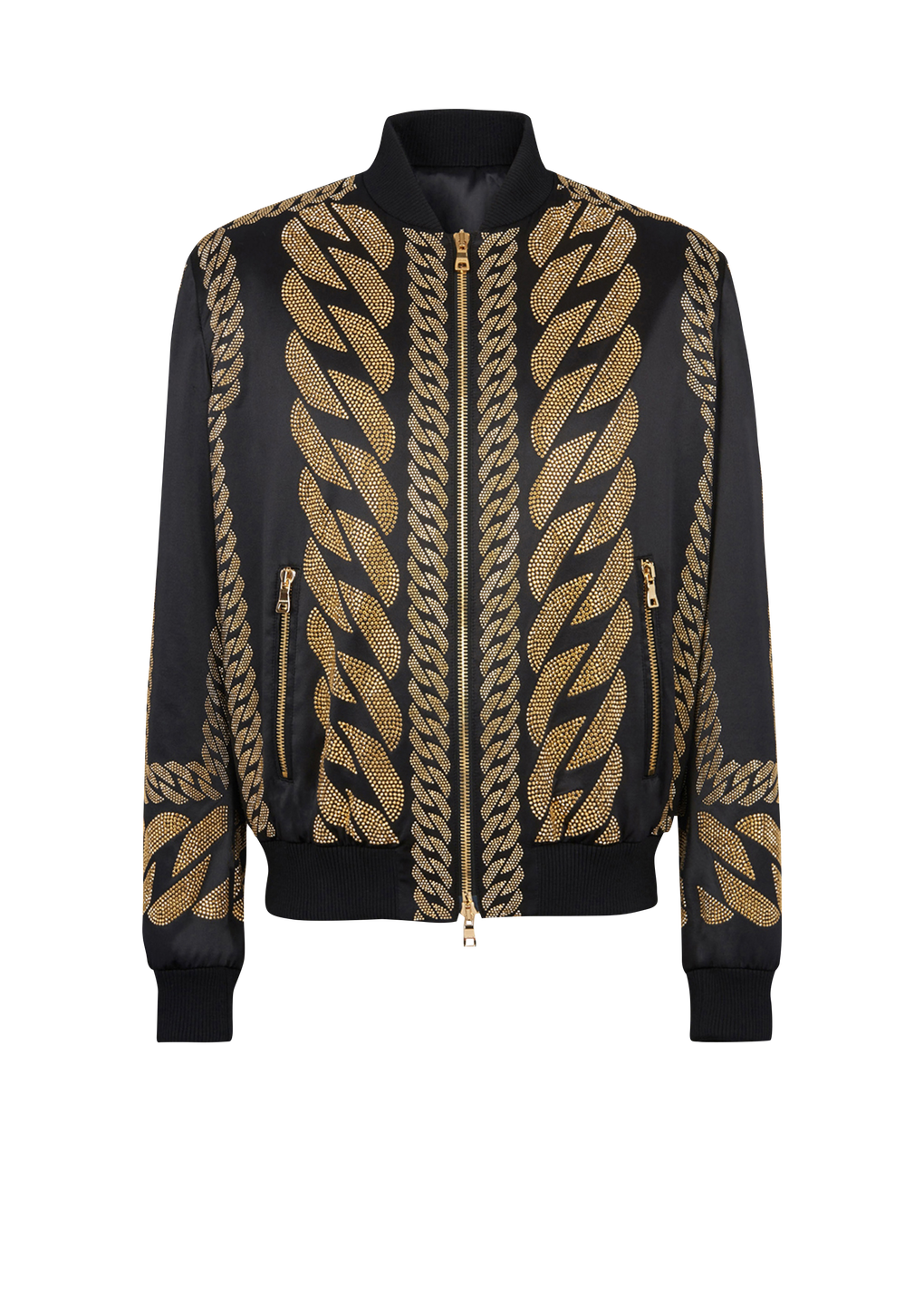 Silk bomber jacket with chain embroidery, black, hi-res