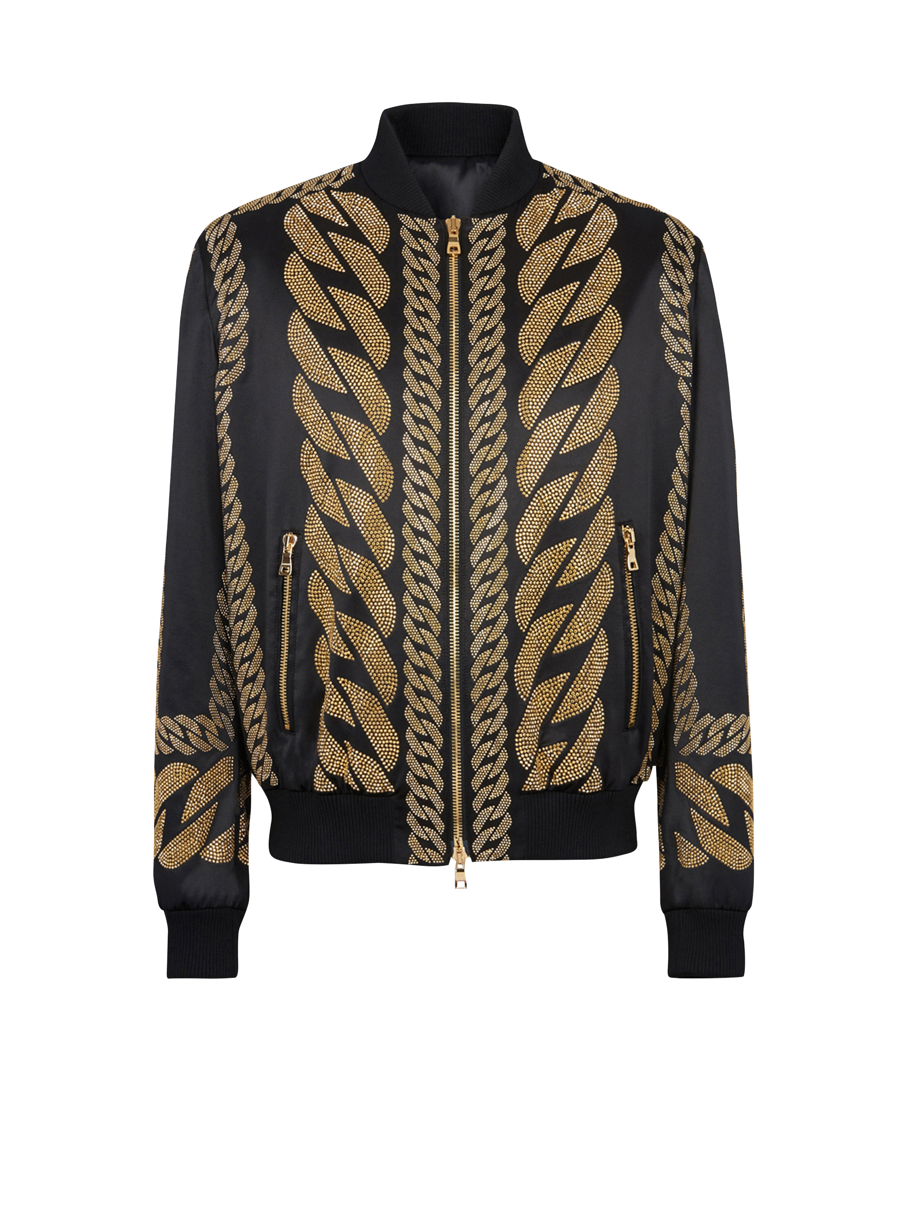 Silk bomber jacket with chain embroidery, black